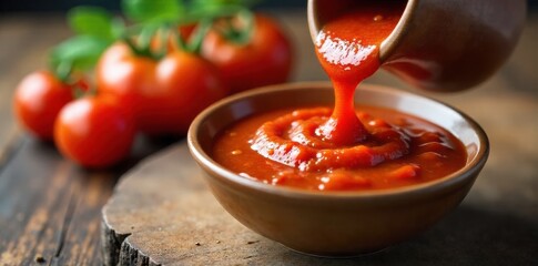 Rustic Tomato Sauce Pouring into a Bowl A close up, overhead shot of thick, vibrant tomato sauce pouring from a rustic, unglazed ceramic pitcher into a slightly textured, handmade ceramic bowl. The