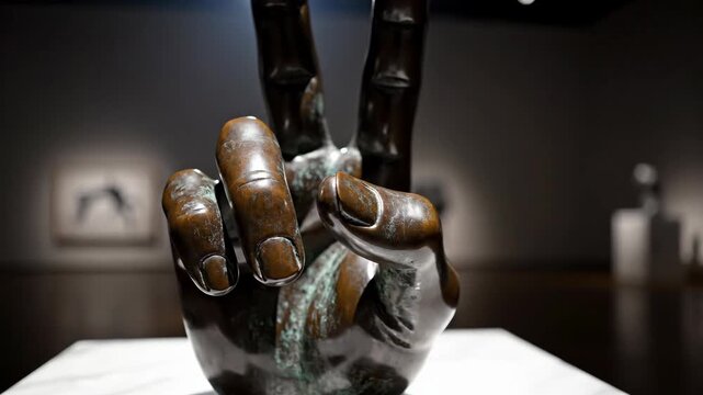 Bronze hand sculpture displaying a peace sign indoors illuminated atop a marble platform