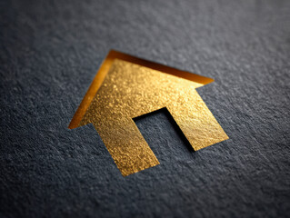 Elegant golden house icon embossed on textured dark paper symbolizing luxury real estate and premium property investment concepts for marketing materials