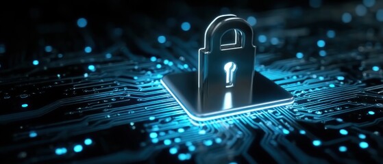 Digital padlock on circuit board cybersecurity concept