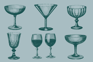 Vintage isolated glass set for creative design. Modern halftone collage Martini, Margarita, Wine, Champagne, Hurricane. Vector illustration. Eps 10