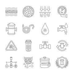 Clean water purification process icons showcasing filtration, sanitation, and safety measures for home and industrial use, originally designed as vector graphics