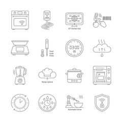 Smart kitchen appliances concept icons showcasing connected home technology for cooking, baking, food preparation, and automated kitchen solutions, originally a vector graphic