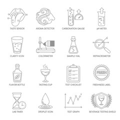 Precision in Every Sip Quality Control Icons for Food and Beverage Testing Labs Taste Aroma Clarity Freshness Assurance Modern and Scalable Technical Illustrations