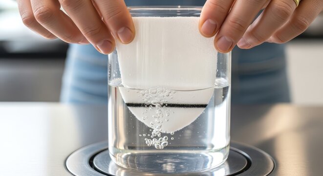 Close up of hands submerging a cup in a glass of water, demonstrating a science experiment or the concept of displacement