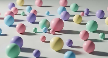 A collection of pastel colored easter eggs scattered on a white surface