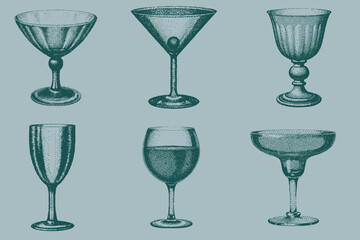 Modern retro drinking glass set for creative design. halftone collage Hurricane, Martini, Margarita, Wine, Champagne. Vector illustration. Eps 10