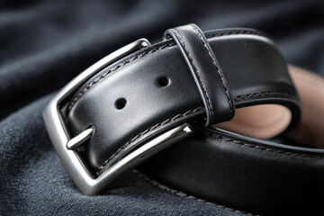 Elegant smooth black leather belt with polished silver metal buckle resting on dark fabric background showcasing fine craftsmanship and classic fashion accessory des