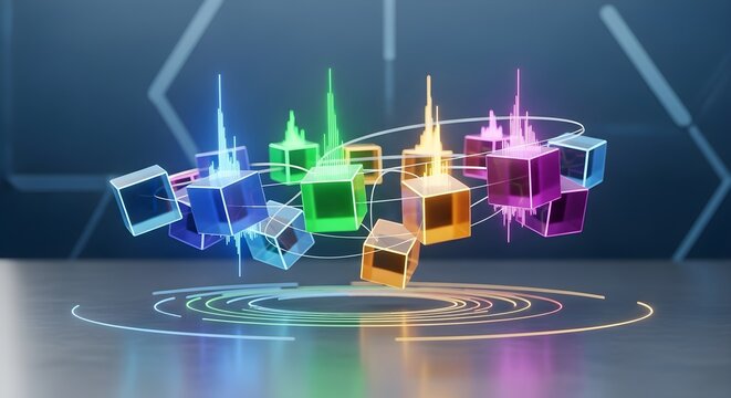 Abstract Colorful Cubes with Glowing Lines and Data Visualization - Futuristic Technology Background