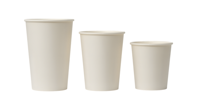 Three plain white paper cups of different sizes isolated on transparent background
