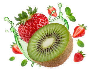 Fresh kiwi and strawberries with a splash of juice isolated on transparent background for healthy eating