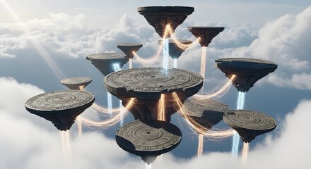 Fantasy Floating Islands in the Sky with Magical Energy Beams, Sci-Fi World Concept Art, High Resolution