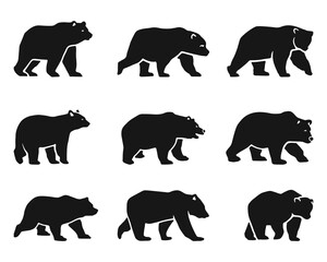 Set of 9 Silhouettes of Bears in Different Poses