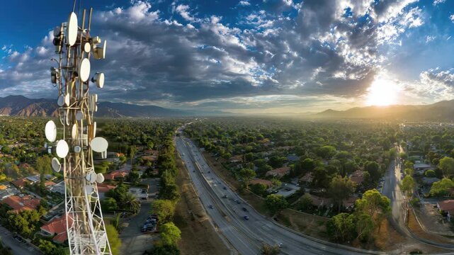 Cell tower transmitting data across vibrant city with stunning mountain views at sunset, 4K
