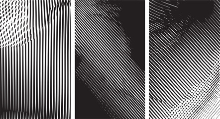 Black and white abstract line patterns with varying density and direction lines
