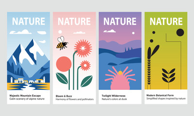 Nature Poster template. Nature themed vector banner set featuring mountains, flowers, wildlife, and abstract botanical designs in modern flat style