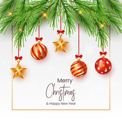 Christmas and New Year Greeting Card with Xmas Baubles and Star Ornaments Decoration