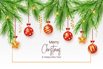 Christmas and New Year Greeting Card with Xmas Baubles and Star Ornaments with Golden Confetti Decoration