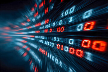 Futuristic abstract digital binary code representation with glowing red and blue lights creating a sense of speed and high-tech data processing environment