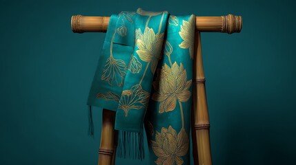 Teal scarf with gold lotus design draped over a bamboo ladder against a teal background scene indoors