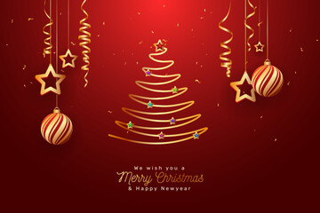 Merry Christmas and Happy New Year Celebration with Golden Christmas Tree and Xmas Balls and Star Ornaments