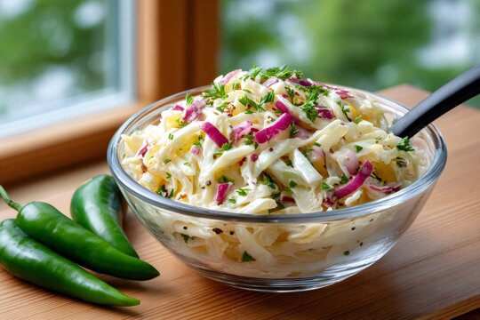 Creamy coleslaw salad with red onion and jalapeno