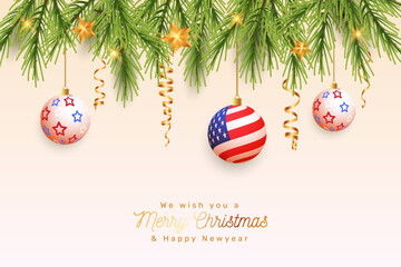 American Flag Christmas Balls and Shining Star Decoration. Merry Christmas and Happy New Year Greeting