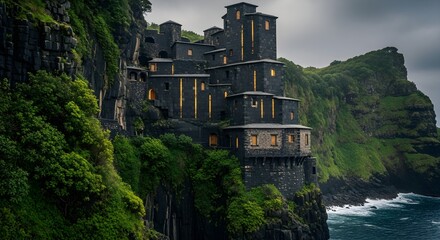 Dramatic Coastal Castle on Cliffside: Fantasy Architecture, Ocean View, and Moody Sky for Travel and Adventure Concepts
