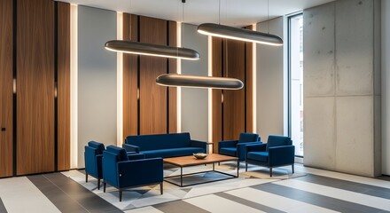 Modern Office Lobby with Blue Seating & Contemporary Lighting Fixtures for Corporate Interior Design (Real Estate)