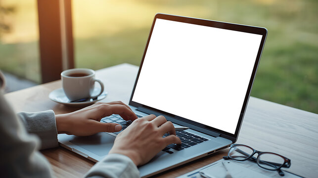 In a close-up scene, a person types on a laptop with a blank white screen, holding a pen in one hand. The setting features natural daylight from a nearby window.