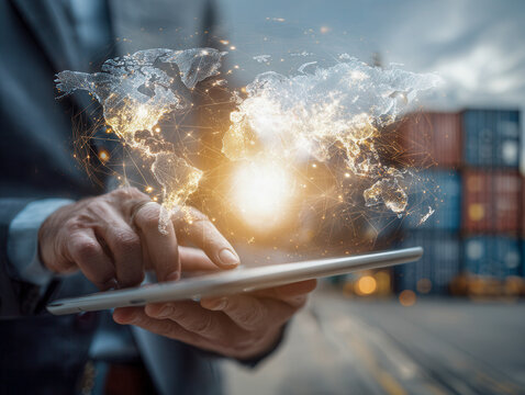 Businessperson using digital tablet with illuminated global network connections and world map representing international trade and technology integration