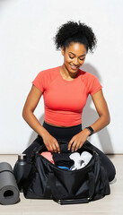 A fit woman packs her gym bag, smiling and preparing for a workout, surrounded by essential fitness equipment.