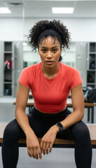 A determined young woman sits in a modern locker room, focused gaze reflecting both inner strength and outer athleticism, ready for workout.