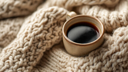 Warm ceramic mug filled with fresh black coffee resting on soft thick knitted beige blanket creating cozy and comforting atmosphere for cold weather relaxation