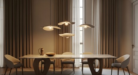 Modern Dining Room Interior with Designer Lighting and Marble Table, Contemporary Home Decor, Neutral Tones, Luxury Living