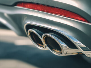 Detailed view of a polished dual exhaust pipe on a modern vehicle highlighting metallic finishes and sleek automotive design with natural light reflections