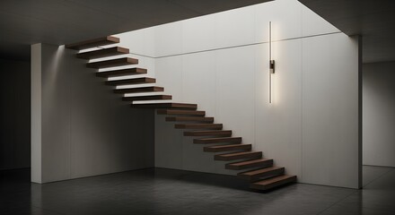Minimalist Floating Staircase Design with Modern Wall Lighting in a Bright, Contemporary Interior Space