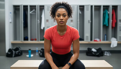 A focused athlete pauses for a moment of reflection in a locker room setting, her gaze determined and her posture strong and composed.  