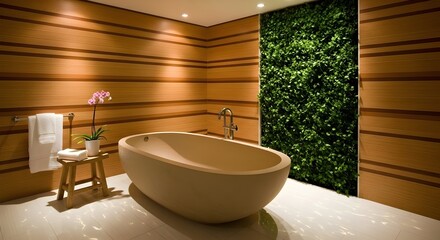 Modern Bathroom Interior with Freestanding Bathtub, Wooden Walls, and Green Wall Feature for Spa or Home Design Inspiration