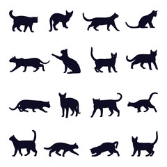 Set of Black Cat Silhouettes in Various Poses