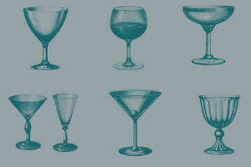 Halftone Sketch glass set. Vintage retro Hurricane, Martini, Margarita, Wine, Champagne vector illustration. Eps 10