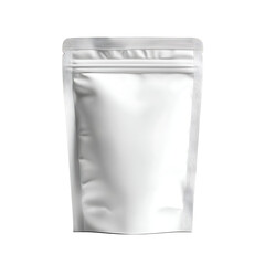 Blank white plastic snack pouch or food packaging mockup, front view for branding