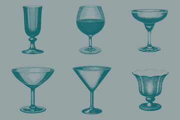 Vintage Drink Sketch Glass Set for creative design. Champagne, Hurricane, Martini, Margarita, Wine glass. Eps 10