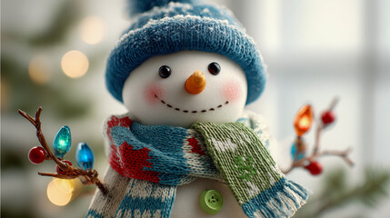 Cheerful snowman figurine wearing a colorful knit hat and scarf surrounded by festive holiday lights and blurred background with warm bokeh effects