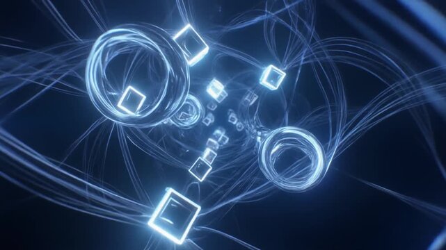 Seamless Loop: Abstract Qubits Dynamically Shifting States in Cold Deep Blue Quantum Void