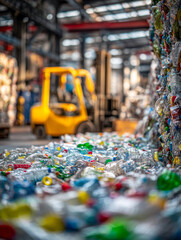 Plastic bottles collected and compressed for recycling inside an industrial facility with a forklift in the background creating an eco-friendly waste management scene
