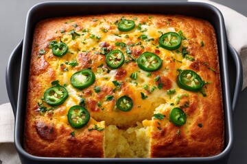 Jalapeno cheddar cornbread with herbs baking in a pan