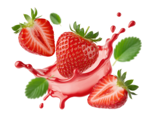 Fresh strawberries splashing in juice isolated on transparent background, a vibrant and delicious fruit explosion