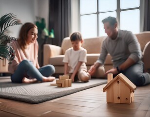 Family Time: Building Memories Together with Wooden Blocks and a Toy House on a Cozy Rug in the Living Room