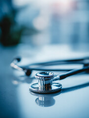 A silver stethoscope placed on a reflective surface with soft natural light highlighting medical equipment in a healthcare setting indoors